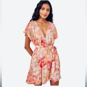 Free People Freddy Floral Mini Dress Boho Tie Waist V Neck Summer